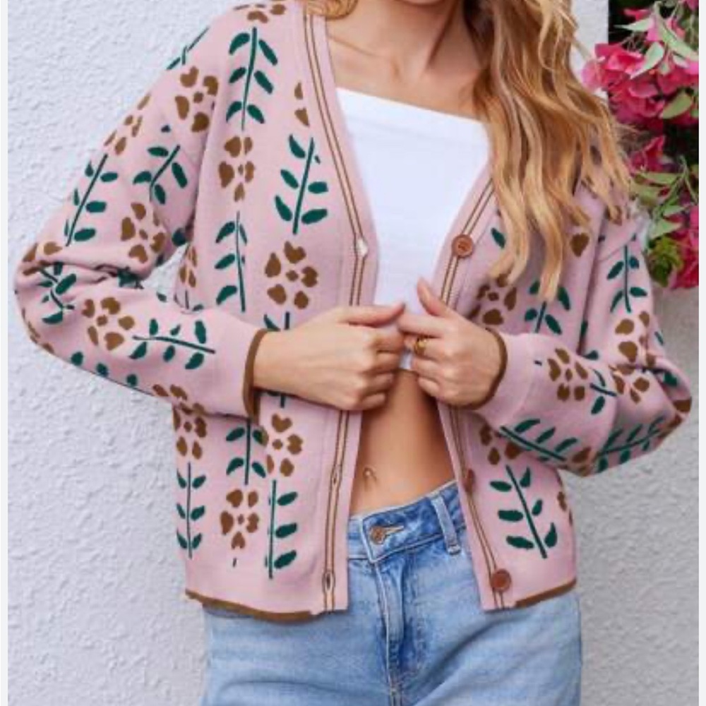 Floral Knit‎ Cardigan Pink Brown Green Cottagecore Academia Button Down Sweater